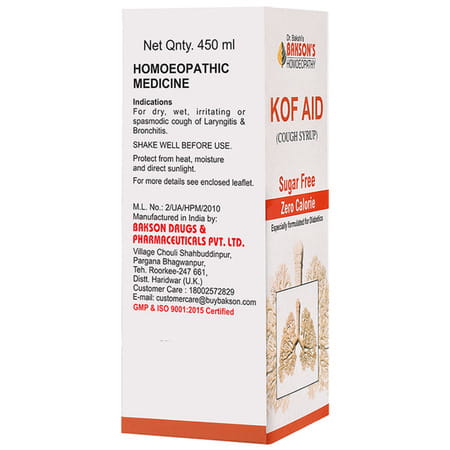 Baksons Homoeopathy Kof Aid Cough Syrup Sugar Free 450 Ml