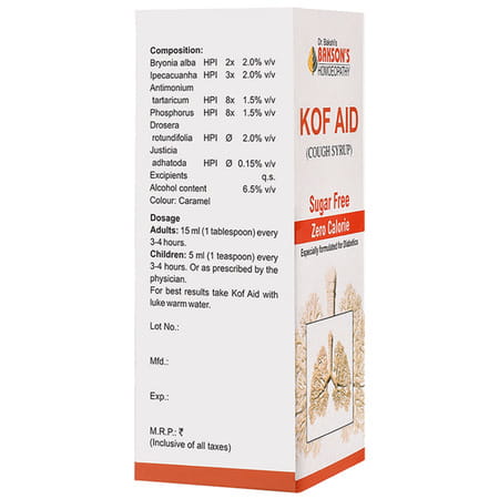 Baksons Homoeopathy Kof Aid Cough Syrup Sugar Free 450 Ml