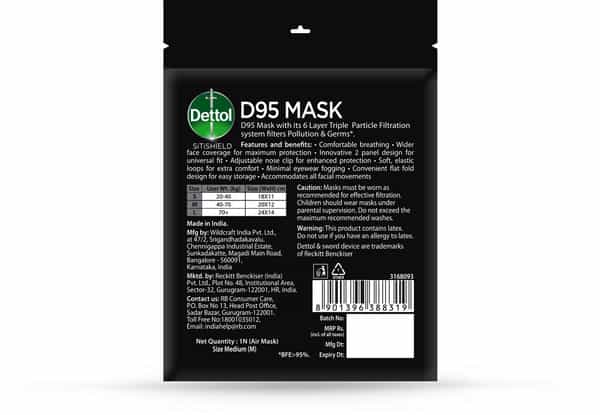 Dettol D95 Mask Anti Virus Reusable & Washable Black Medium