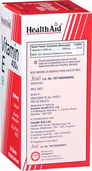Health Aid Vitamin E 400Iu 268Mg Antioxidant Bottle Of 30 Veg Tablets