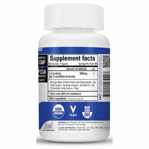 Nutrija L-Carnitine L-Tartrate 500Mg Supplement |Supports Weight Loss(120 Capsules)