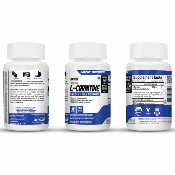 Nutrija L-Carnitine L-Tartrate 500Mg Supplement |Supports Weight Loss(120 Capsules)