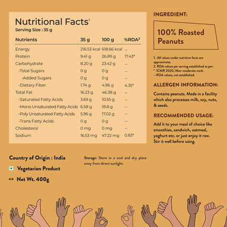 Nutrabay Foods All-Natural Peanut Butter (Crunchy) - Unsweetened 400g