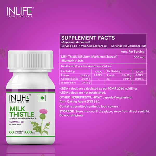 Inlife Milk Thistle 80% Silymarin Liver Cleanse Detox Support Supplement | 600 Mg - 60 Veg. Capsules