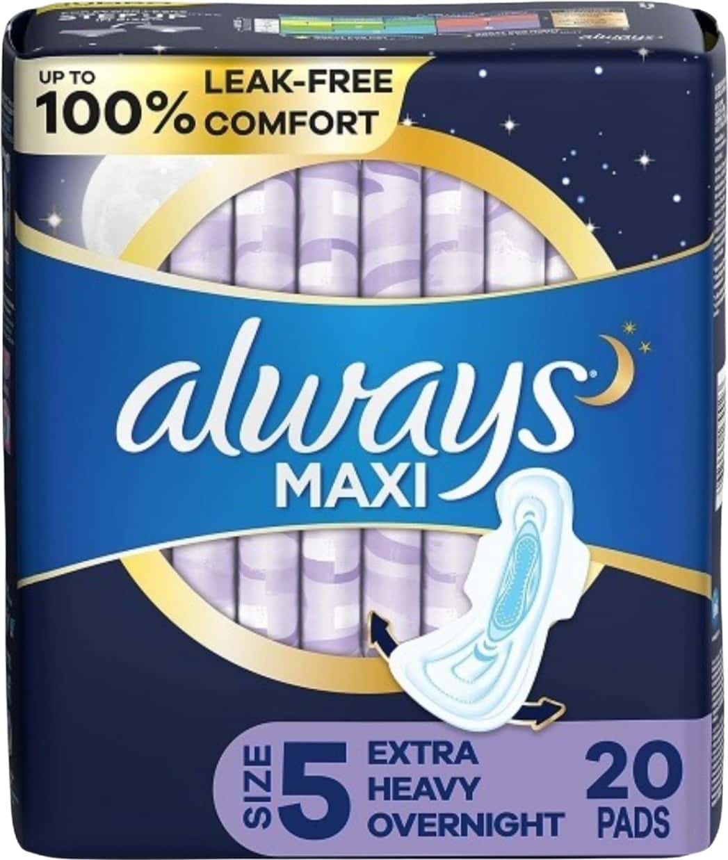 Always Maxi Overnight Extra Heavy Flow With Wings| Unscented Pads 20 Count