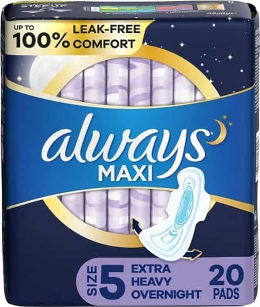 Always Maxi Overnight Extra Heavy Flow With Wings| Unscented Pads 20 Count