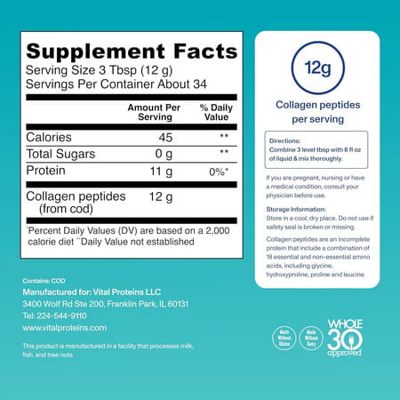 Vital Proteins Marine Collagen Powder | Hydrolyzed | 12G Per Serving | Skin Hair Nails Joints | 413G
