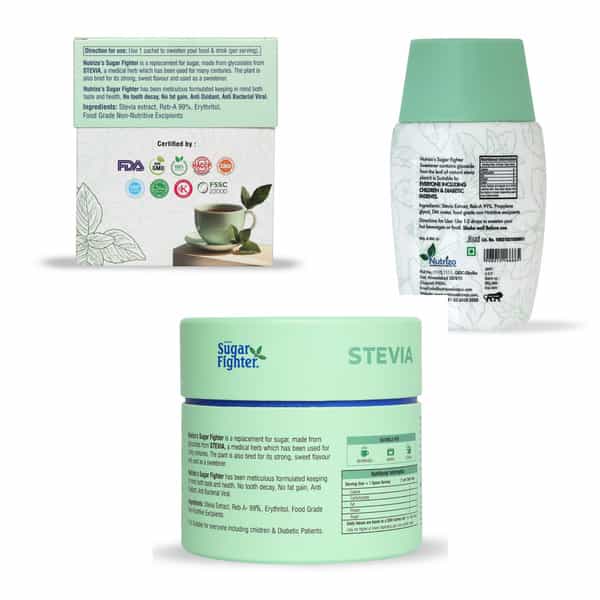 Sugar Fighter Stevia Sachets + Natural Stevia Combo - 50 Pcs + 30 Ml Stevia Liquid +100G Stevia