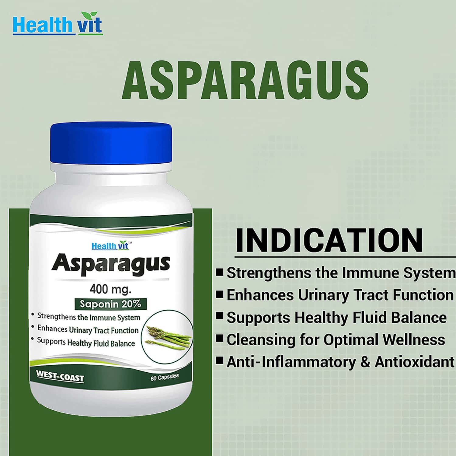 Buy HEALTHVIT ASPARAGUS 400MG (SAPONIN 20) 60 CAPSULES Online & Get