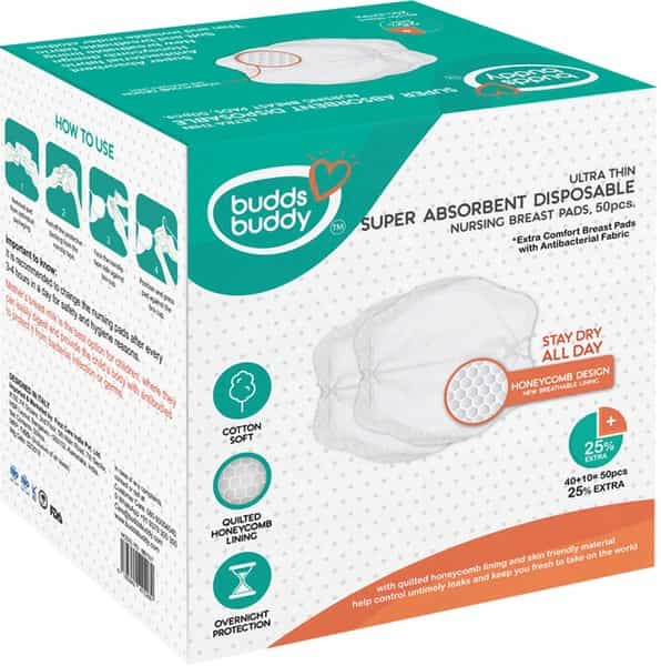 Buddsbuddy Ultra Thin Super Absorbent Disposable Nursing Breast Pads 50Pcs White 25% Extra