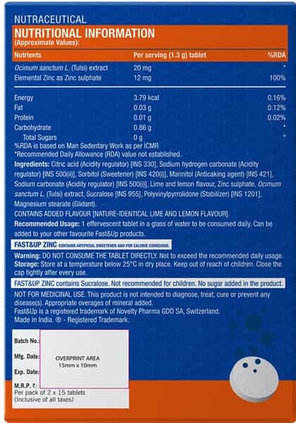 Fast&Up Zinc With Tulsi Extract For Daily Immunity & Well Being 30 Effervescent Tablets