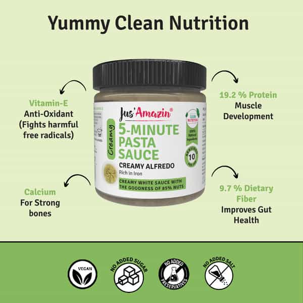Jus Amazin 5-Minute Pasta Sauce -Creamy Alfredo -200G|Clean Nutrition|85% Nuts -Cashewnuts & Almonds