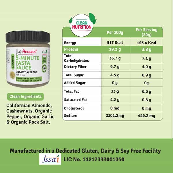Jus Amazin 5-Minute Pasta Sauce -Creamy Alfredo -200G|Clean Nutrition|85% Nuts -Cashewnuts & Almonds