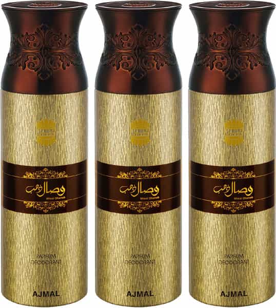 Ajmal Wisal Dahab Deodorant Spray For Men 200Ml Each (Pack Of 3 600Ml) + 3 Parfum Testers Free