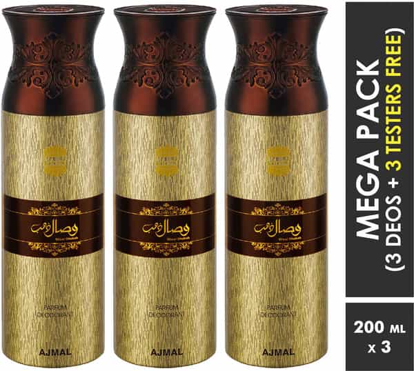 Ajmal Wisal Dahab Deodorant Spray For Men 200Ml Each (Pack Of 3 600Ml) + 3 Parfum Testers Free
