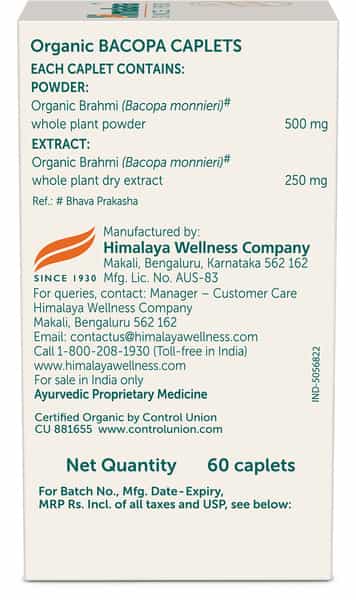 Himalaya Organic Bacopa | Brahmi | For Mental Alertness | Caplets | 60 No's