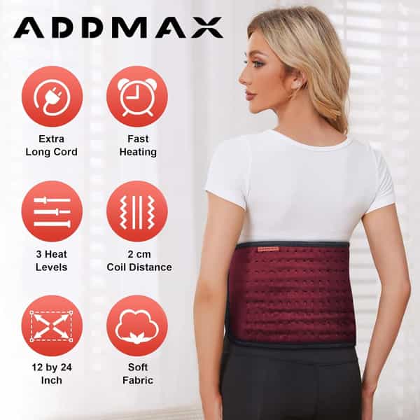 Addmax Electric Heating Pad Orthopaedic Heating Belt For Back Waist Stomach Pain Relief - Wine