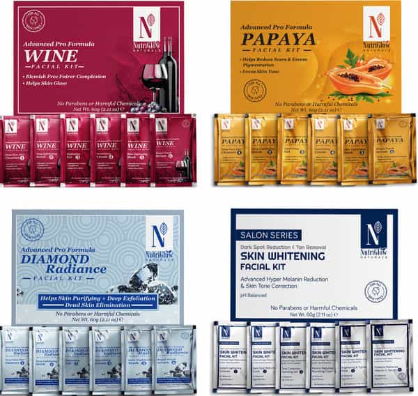 Nutriglow Natural's 4 Set Diamond Radiance Skin Whitening Papaya Wine Facial Kit 60Gm Each