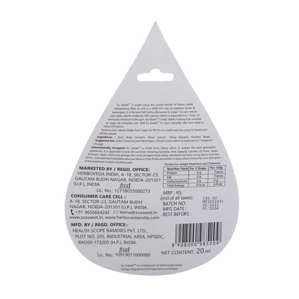 So Sweet Stevia Liquid Sugar Free 400 Drops (200 Serving) - 20Ml | Zero Calorie | (Pack Of 4)