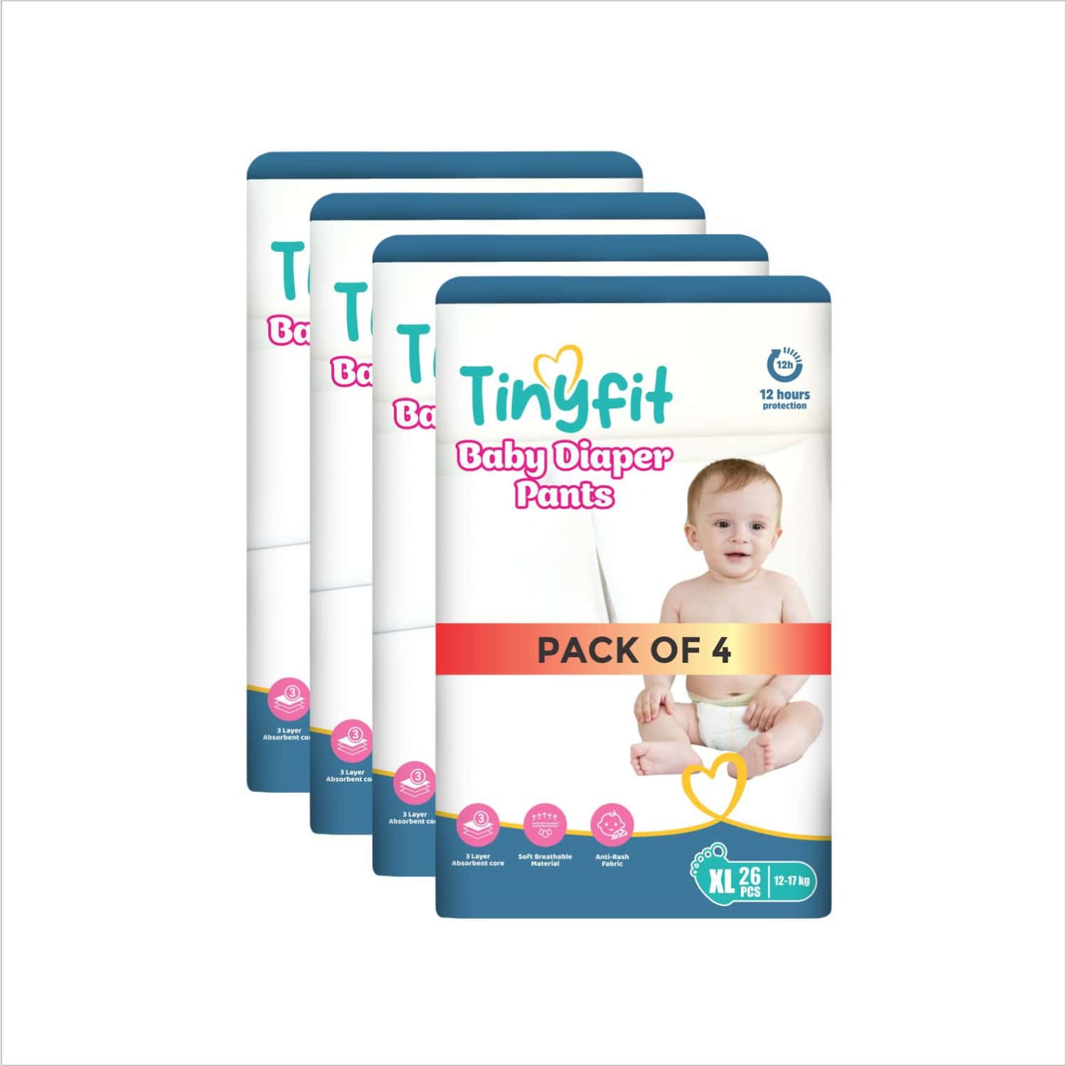 Tinyfit Baby Diaper Pants Xl| Bubble Soft Bed| Multi-Layer Absorption Upto 12 Hrs - Xl (104 Pieces)