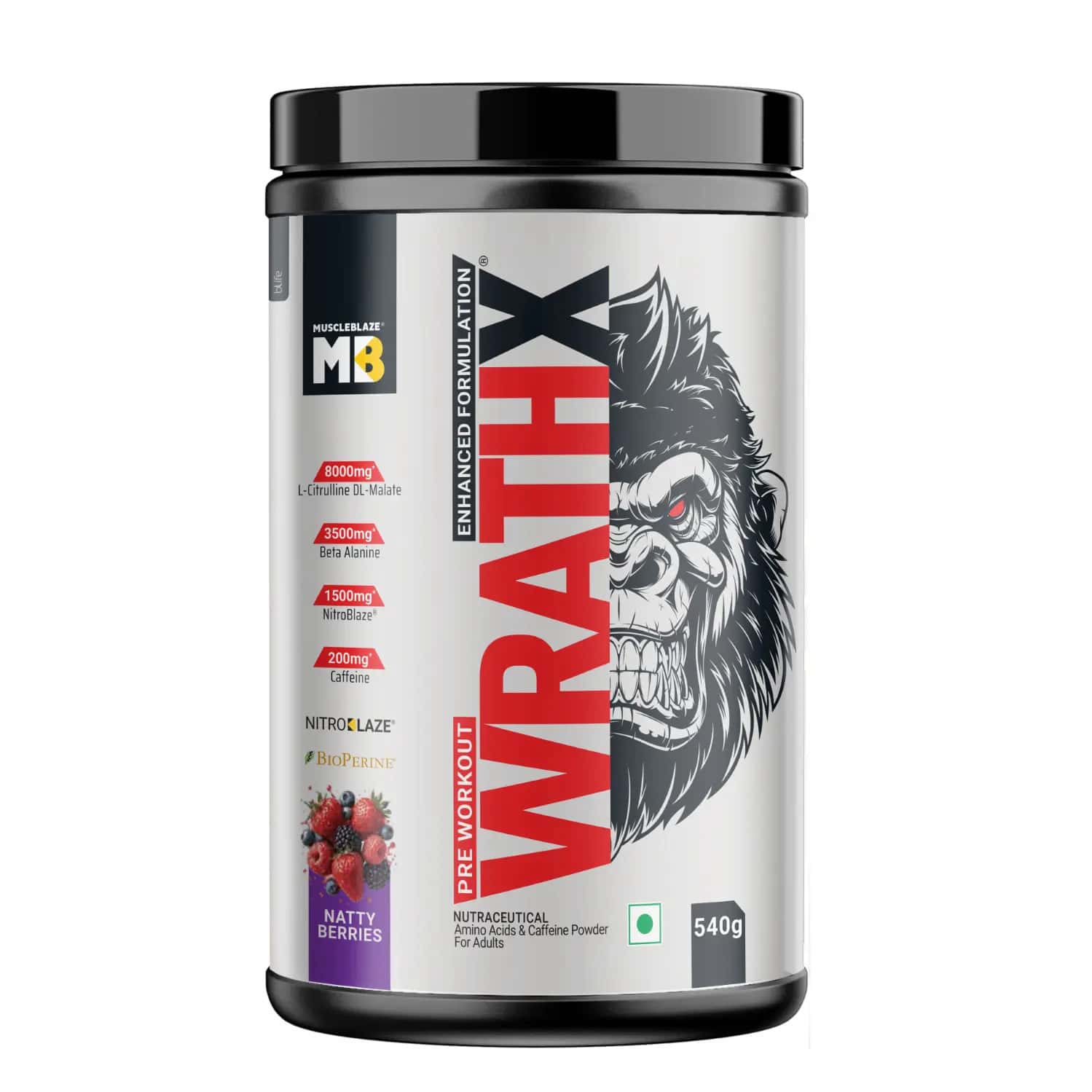 Muscleblaze Pre Workout Wrathx Powder | With Creapure Nitroblaze & Bioperine | Natty Berries - 540g
