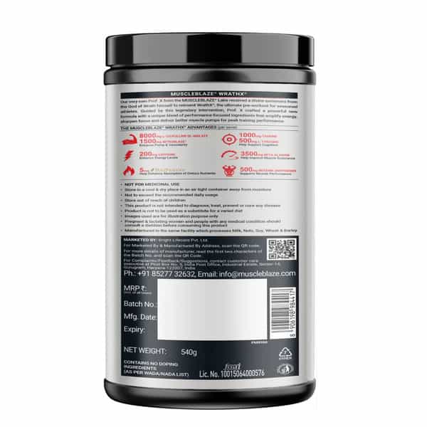 Muscleblaze Pre Workout Wrathx Powder | With Creapure Nitroblaze & Bioperine | Natty Berries - 540G