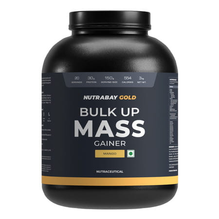 Nutrabay Gold Bulk Up Mass Gainer | Carbs To Protein Blend (3:1) | 30g Protein - 3kg | Mango