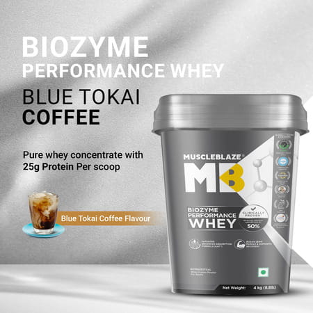 Muscleblaze Biozyme Performance Whey Protein Powder | Blue Tokai Coffee (4Kg / 8.8Lbs) | 25G Protein