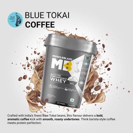 Muscleblaze Biozyme Performance Whey Protein Powder | Blue Tokai Coffee (4Kg / 8.8Lbs) | 25G Protein