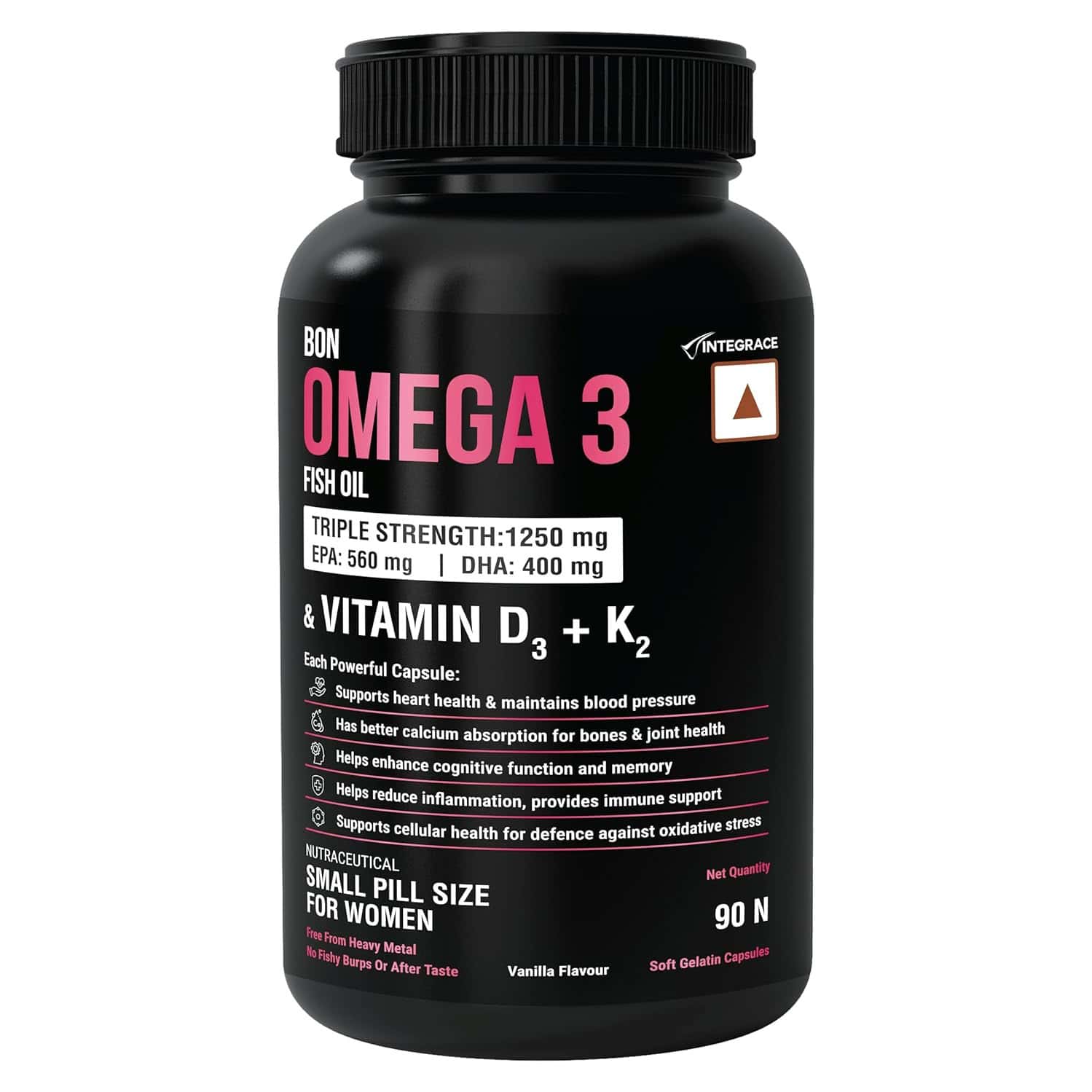 Bon Omega 3 Fish Oil For Women 1250 Mg 3x Triple Strength With Vitamin D3 K2 - 90 Softgels