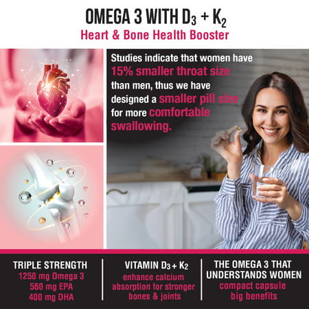 Bon Omega 3 Fish Oil For Women 1250 Mg 3x Triple Strength With Vitamin D3 K2 - 90 Softgels