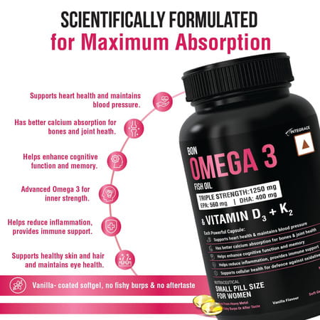 Bon Omega 3 Fish Oil For Women 1250 Mg 3x Triple Strength With Vitamin D3 K2 - 90 Softgels