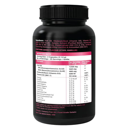 Bon Omega 3 Fish Oil For Women 1250 Mg 3x Triple Strength With Vitamin D3 K2 - 90 Softgels