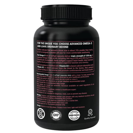Bon Omega 3 Fish Oil For Women 1250 Mg 3x Triple Strength With Vitamin D3 K2 - 90 Softgels