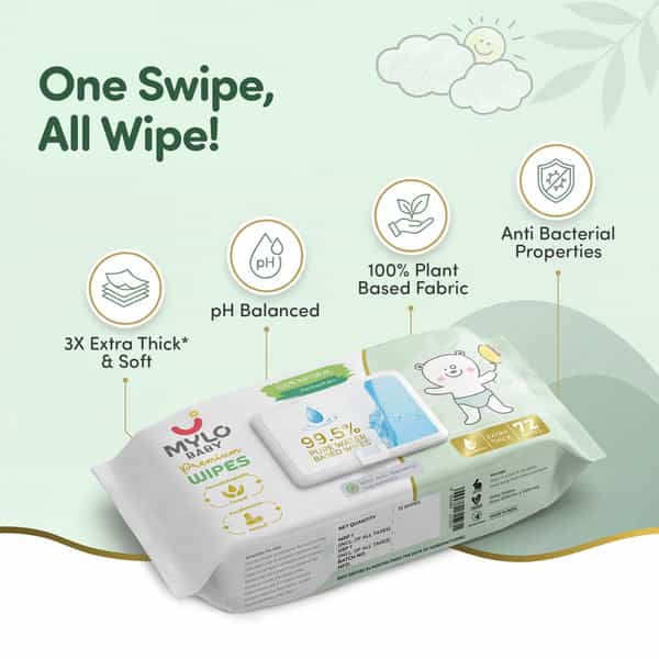 Mylo Baby Premium Wipes With 99.5% Pure Water (72 Wipes| Pack Of 1)