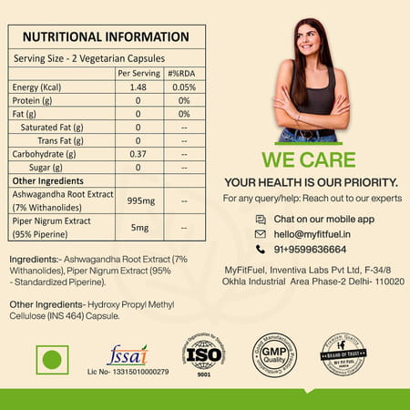 Myfitfuel Ashwagandha Root Extract (7% Withanolides) With Piperine 95% | (1000mg) | 120 Capsules