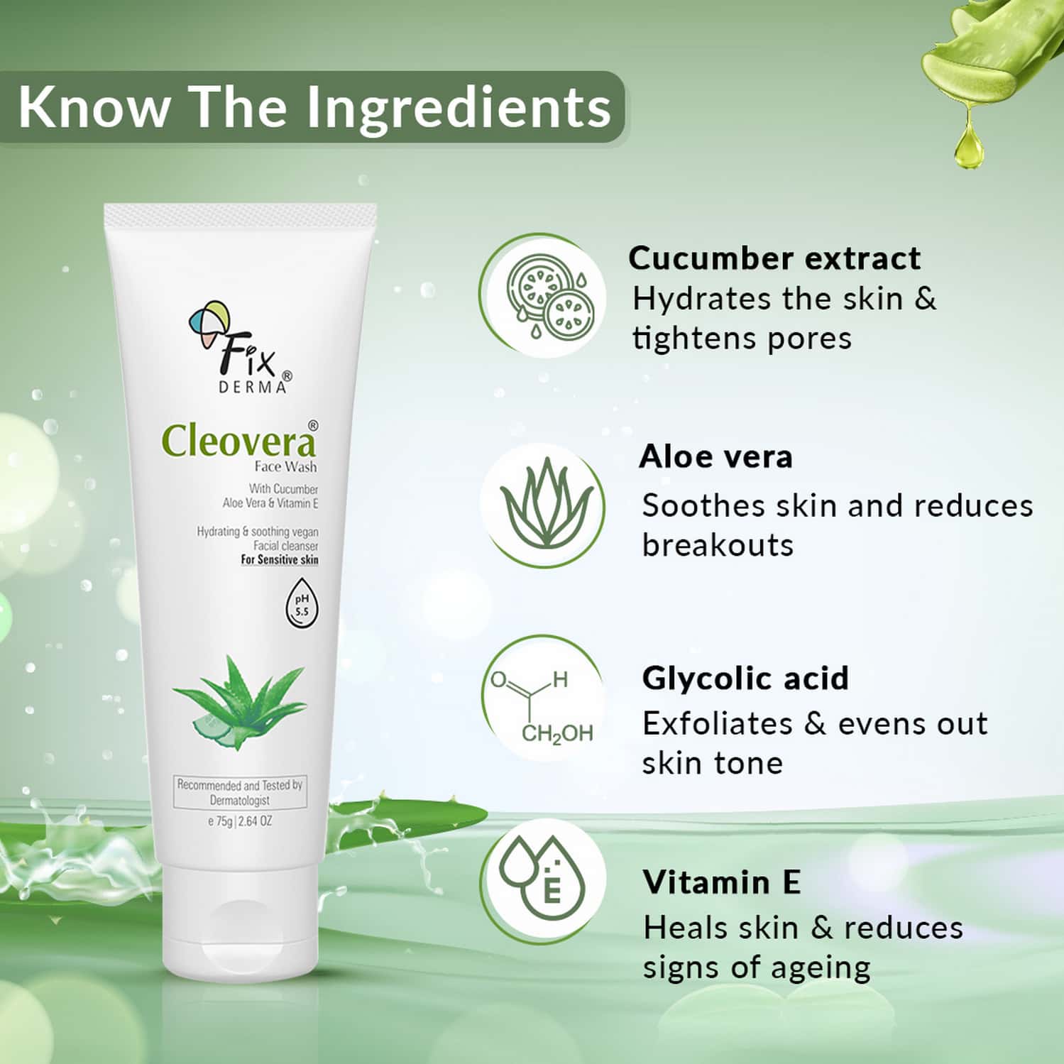 Buy FIXDERMA CLEOVERA CUCUMBER ALOEVERA FACE WASH WITH VITAMIN E 75GM