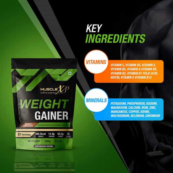 Musclexp Weight Gainer - With 25 Vitamins And Minerals Double Chocolate 1Kg Pouch + Shaker
