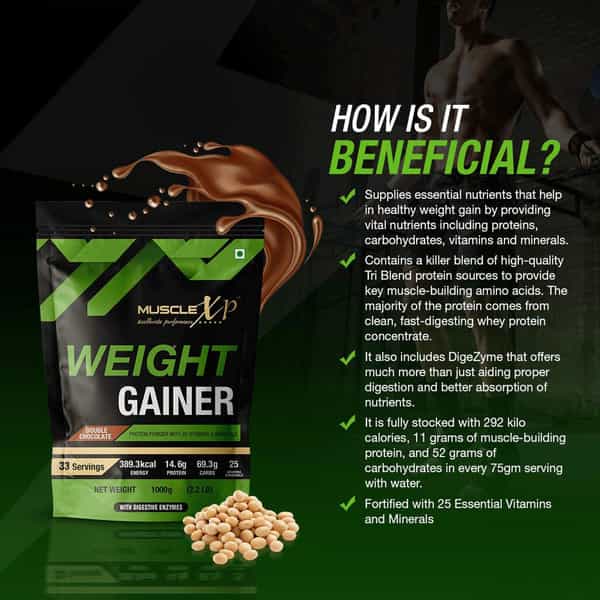Musclexp Weight Gainer - With 25 Vitamins And Minerals Double Chocolate 1Kg Pouch + Shaker