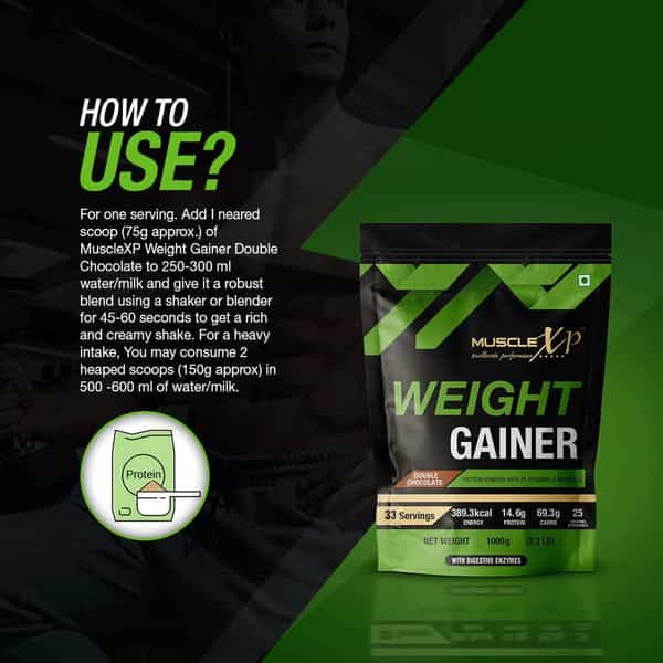 Musclexp Weight Gainer - With 25 Vitamins And Minerals Double Chocolate 1Kg Pouch + Shaker