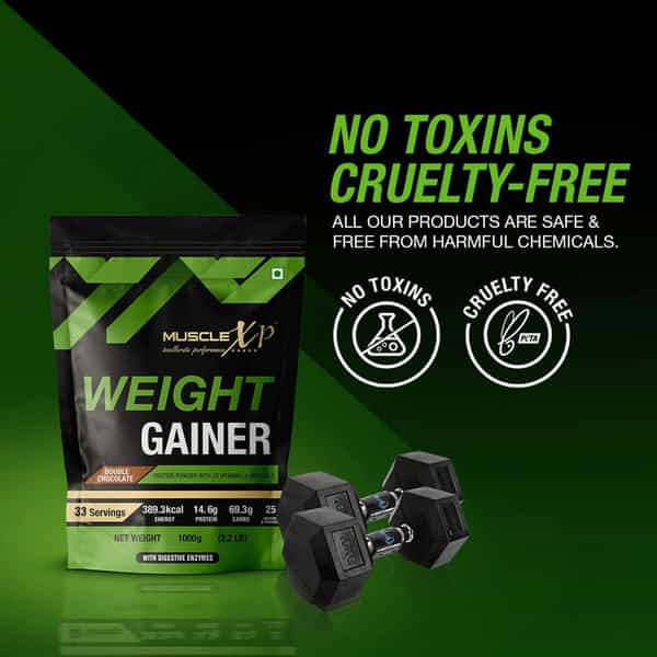 Musclexp Weight Gainer - With 25 Vitamins And Minerals Double Chocolate 1Kg Pouch + Shaker