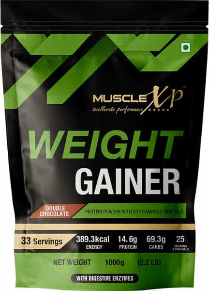 Musclexp Weight Gainer - With 25 Vitamins And Minerals Double Chocolate 1Kg Pouch + Shaker