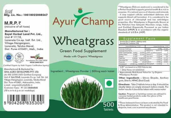 Ayur Champ - Pack Of 4 -Wheatgrass Tablet Green Food Supplement 500Mg - 500 Tablet