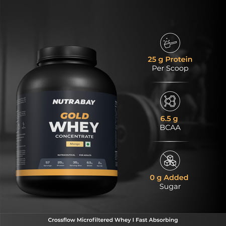 Nutrabay Gold 100% Whey Protein Concentrate|25g Protein|Muscle Support & Recovery|Mango | 2 Kg
