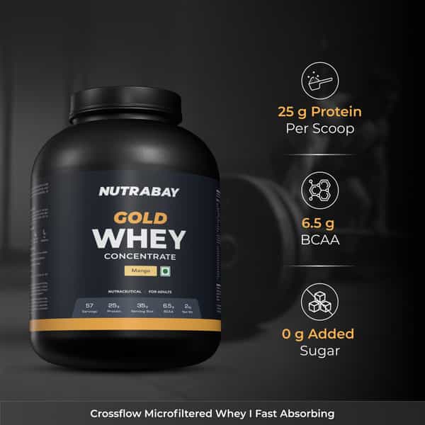 Nutrabay Gold 100% Whey Protein Concentrate|25G Protein|Muscle Support & Recovery|Mango | 2 Kg