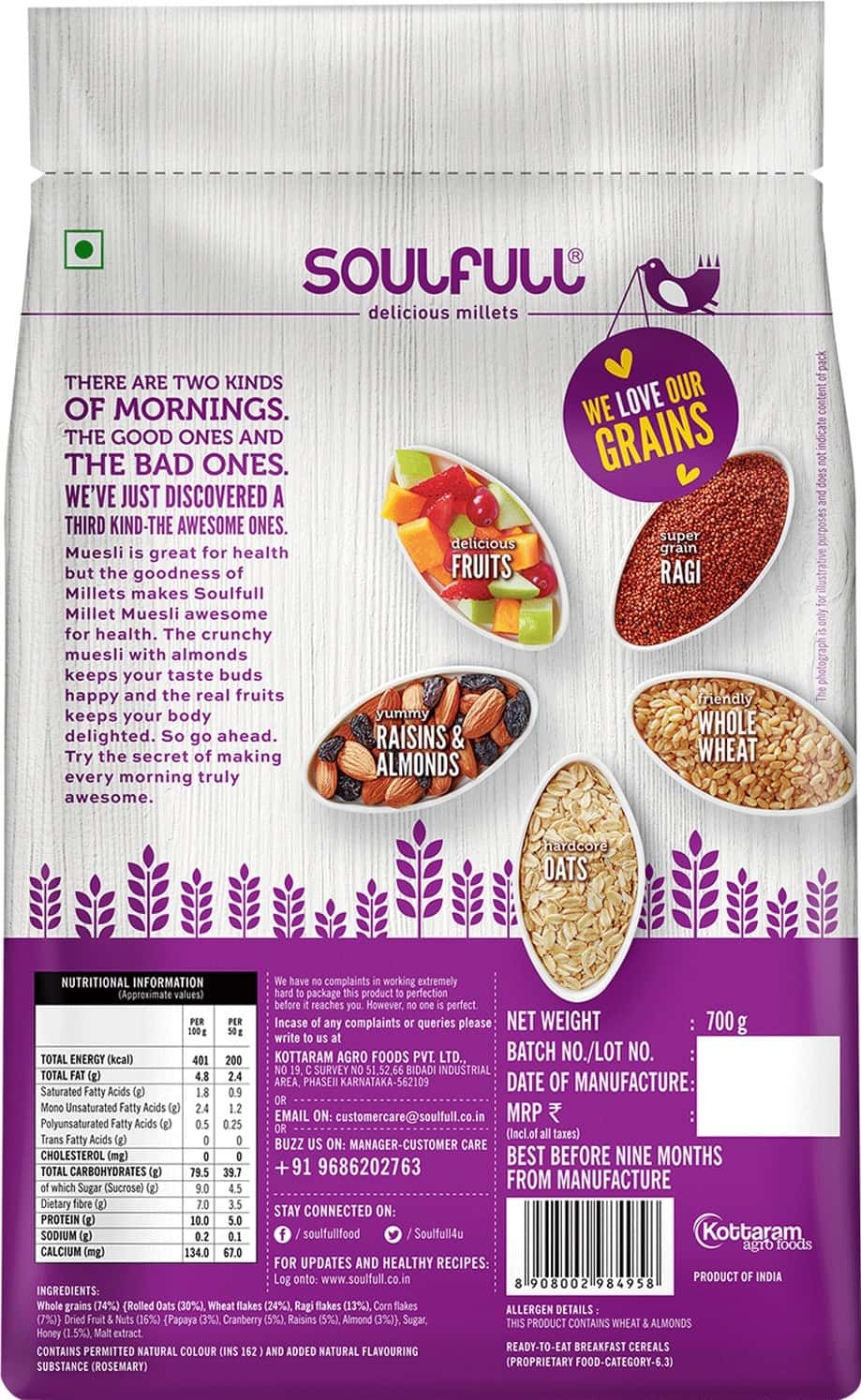 Buy TATA SOULFULL FRUIT & NUT MILLET MUESLI WITH FRUITS & ALMONDS 700G