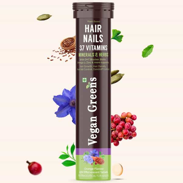 Vegan Greens Hair & Nails Vitamins With Dht Blocker, Biotin, +37 Key Ingredients- 25 Effer., Orange
