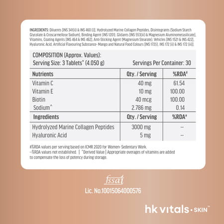 Hk Vitals Collagen Tablets (90 Tablets) | 3000mg | Vitamin C | E | Biotin