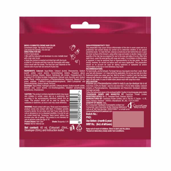 Indica Creme 10 Minutes Hair Color, Long Lasting Colour,Walnut And Silk Proteins,20G + 20Ml Burgundy