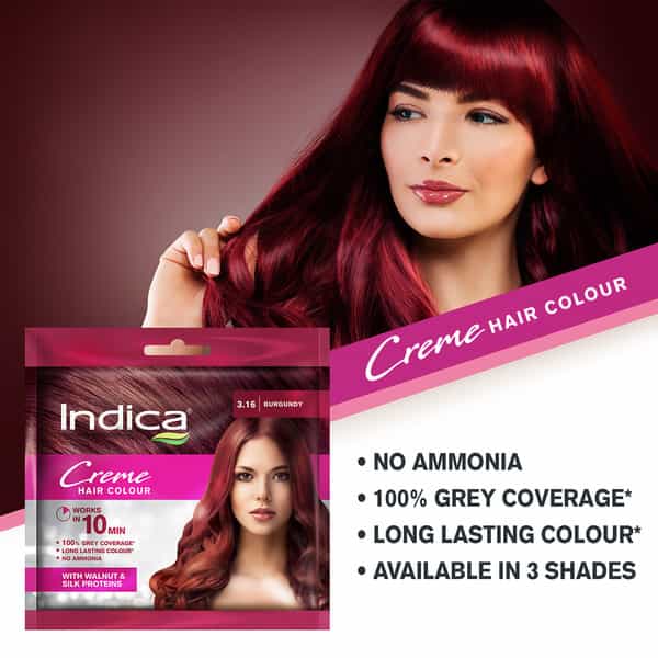 Indica Creme 10 Minutes Hair Color, Long Lasting Colour,Walnut And Silk Proteins,20G + 20Ml Burgundy
